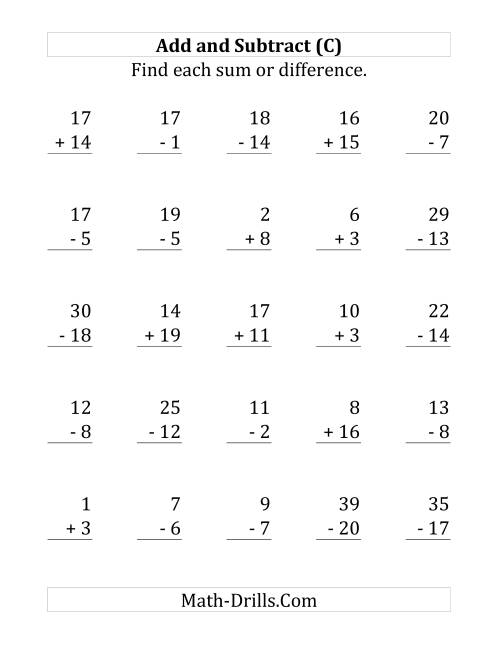 The Adding and Subtracting with Facts From 1 to 20 (C) Math Worksheet