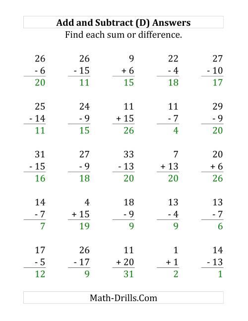 The Adding and Subtracting with Facts From 1 to 20 (D) Math Worksheet Page 2