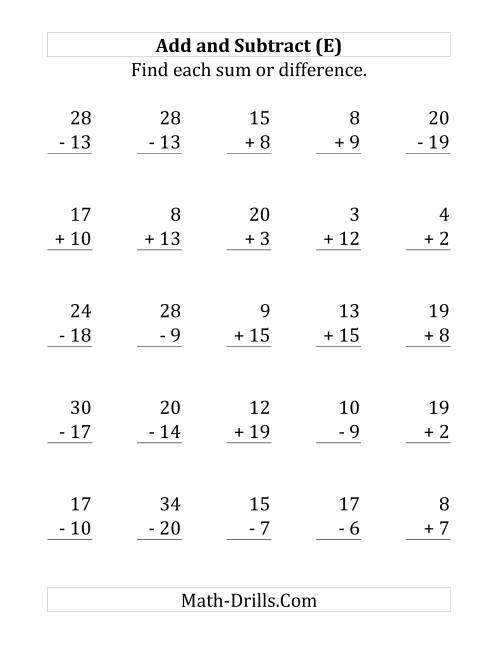 The Adding and Subtracting with Facts From 1 to 20 (E) Math Worksheet