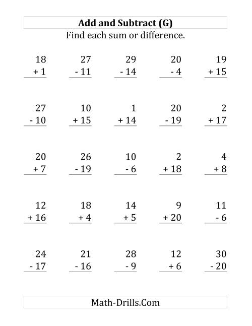 The Adding and Subtracting with Facts From 1 to 20 (G) Math Worksheet