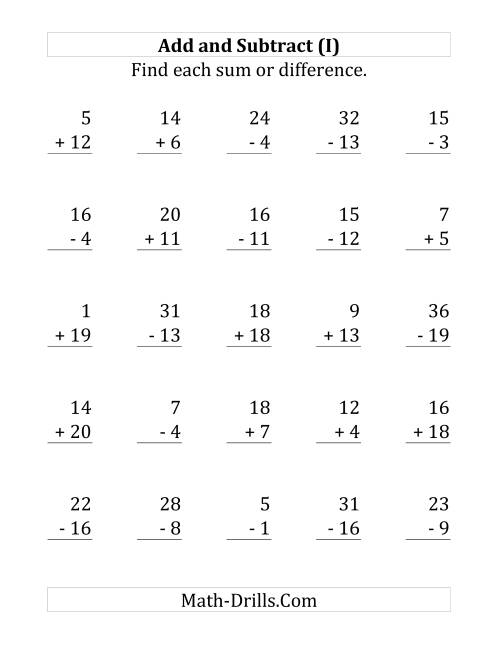The Adding and Subtracting with Facts From 1 to 20 (I) Math Worksheet