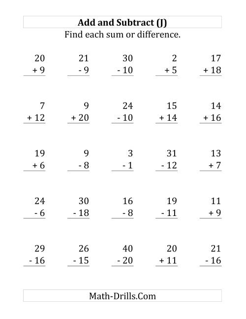 The Adding and Subtracting with Facts From 1 to 20 (J) Math Worksheet