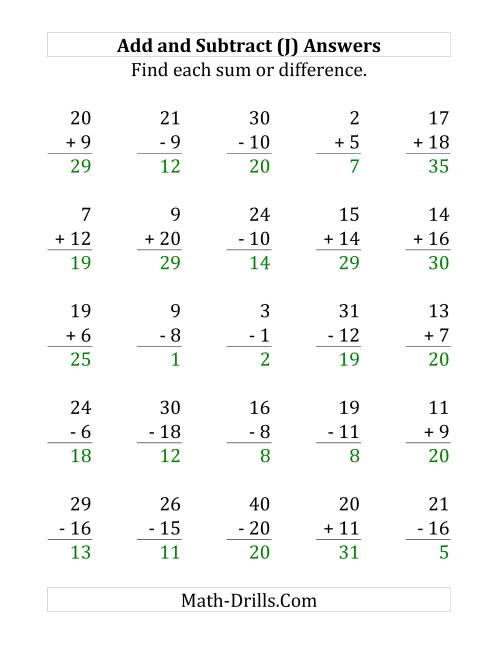 The Adding and Subtracting with Facts From 1 to 20 (J) Math Worksheet Page 2