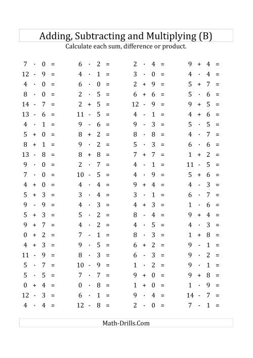 The 100 Horizontal Addition/Subtraction/Multiplication Questions (Facts 0 to 9) Euro Format (B) Math Worksheet