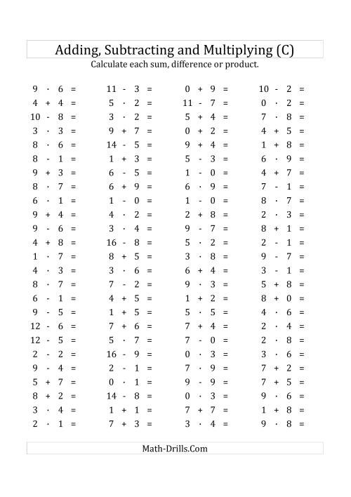 The 100 Horizontal Addition/Subtraction/Multiplication Questions (Facts 0 to 9) Euro Format (C) Math Worksheet