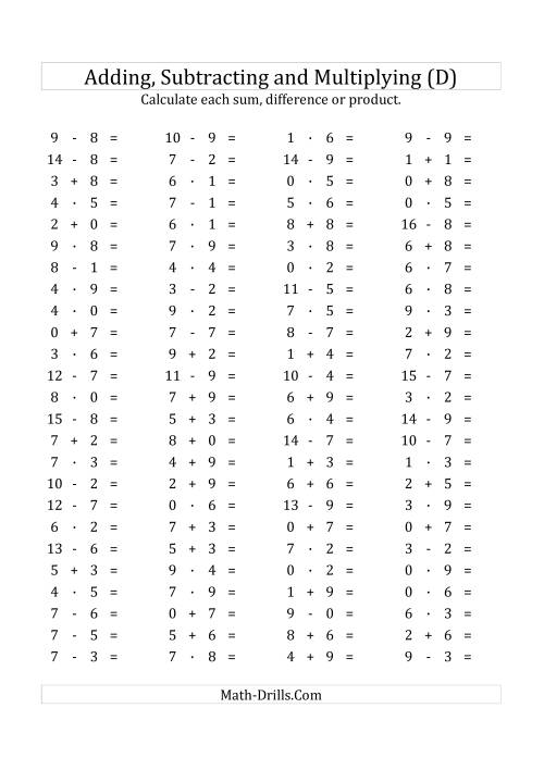 The 100 Horizontal Addition/Subtraction/Multiplication Questions (Facts 0 to 9) Euro Format (D) Math Worksheet