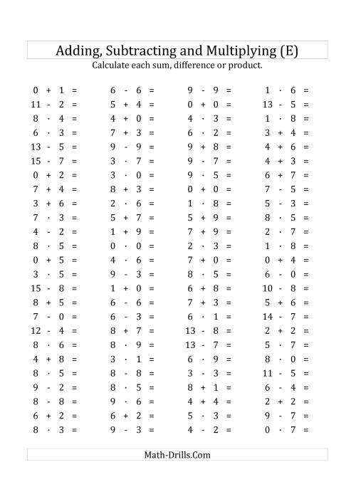 The 100 Horizontal Addition/Subtraction/Multiplication Questions (Facts 0 to 9) Euro Format (E) Math Worksheet