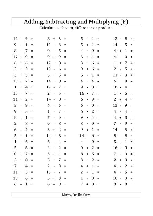 The 100 Horizontal Addition/Subtraction/Multiplication Questions (Facts 0 to 9) Euro Format (F) Math Worksheet