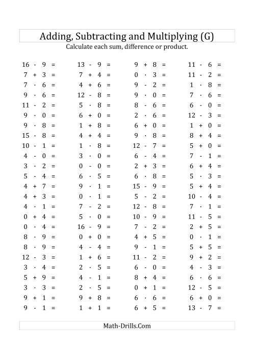 The 100 Horizontal Addition/Subtraction/Multiplication Questions (Facts 0 to 9) Euro Format (G) Math Worksheet