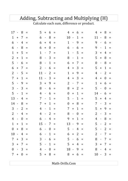 The 100 Horizontal Addition/Subtraction/Multiplication Questions (Facts 0 to 9) Euro Format (H) Math Worksheet