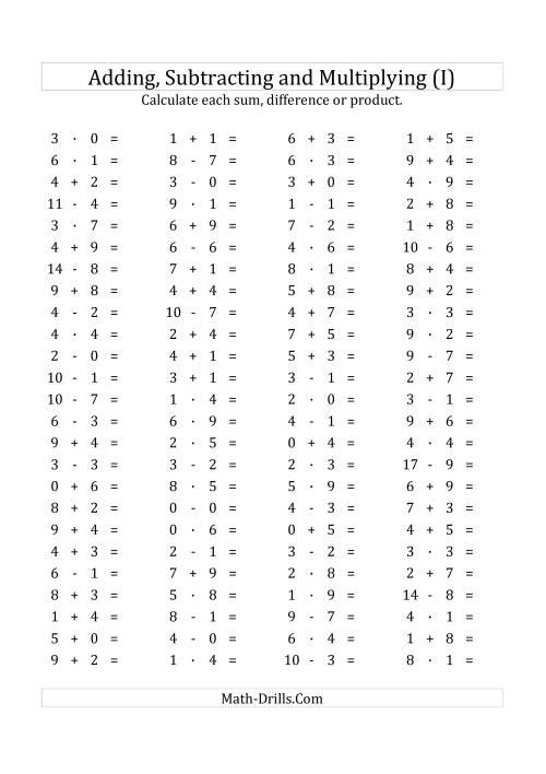 The 100 Horizontal Addition/Subtraction/Multiplication Questions (Facts 0 to 9) Euro Format (I) Math Worksheet