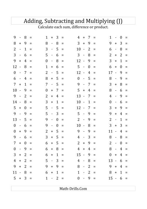 The 100 Horizontal Addition/Subtraction/Multiplication Questions (Facts 0 to 9) Euro Format (J) Math Worksheet
