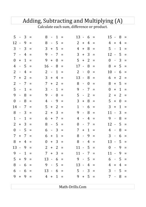 The 100 Horizontal Addition/Subtraction/Multiplication Questions (Facts 0 to 9) Euro Format (All) Math Worksheet