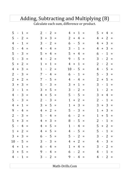 The 100 Horizontal Addition/Subtraction/Multiplication Questions (Facts 1 to 5) Euro Format (B) Math Worksheet