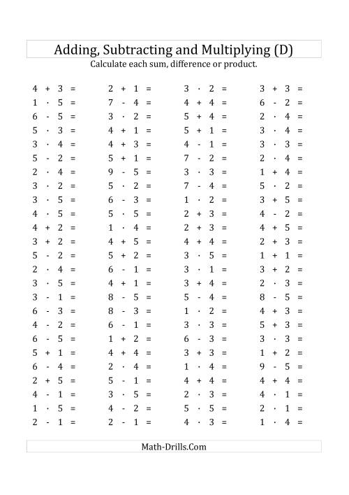 The 100 Horizontal Addition/Subtraction/Multiplication Questions (Facts 1 to 5) Euro Format (D) Math Worksheet
