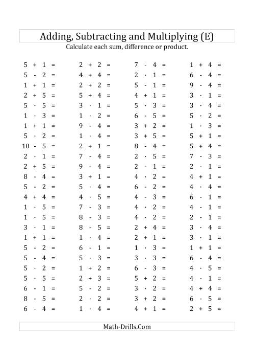 The 100 Horizontal Addition/Subtraction/Multiplication Questions (Facts 1 to 5) Euro Format (E) Math Worksheet