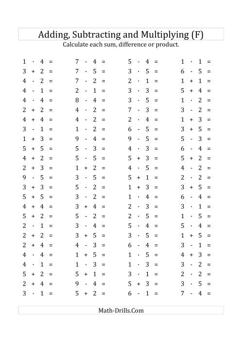 The 100 Horizontal Addition/Subtraction/Multiplication Questions (Facts 1 to 5) Euro Format (F) Math Worksheet