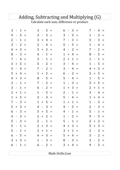 The 100 Horizontal Addition/Subtraction/Multiplication Questions (Facts 1 to 5) Euro Format (G) Math Worksheet