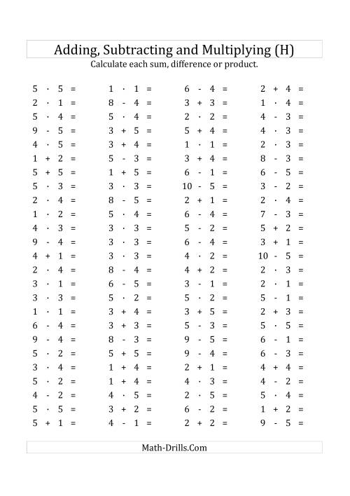 The 100 Horizontal Addition/Subtraction/Multiplication Questions (Facts 1 to 5) Euro Format (H) Math Worksheet