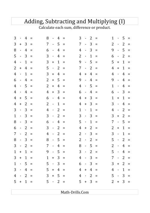 The 100 Horizontal Addition/Subtraction/Multiplication Questions (Facts 1 to 5) Euro Format (I) Math Worksheet