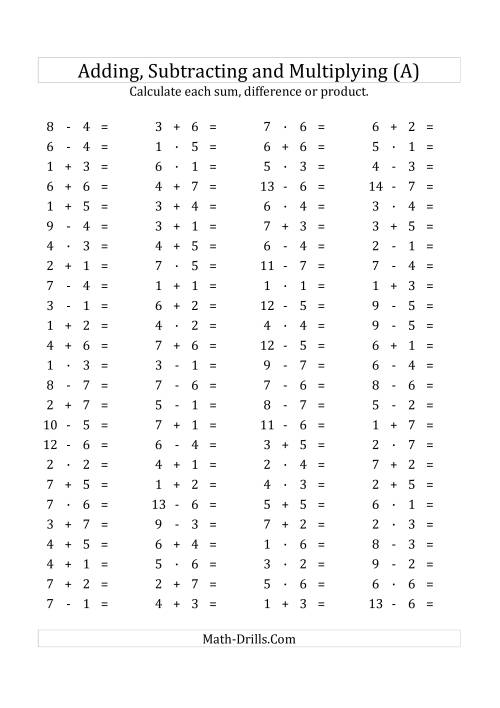 The 100 Horizontal Addition/Subtraction/Multiplication Questions (Facts 1 to 7) Euro Format (A) Math Worksheet