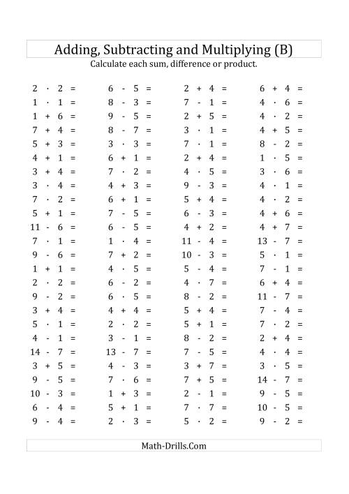 The 100 Horizontal Addition/Subtraction/Multiplication Questions (Facts 1 to 7) Euro Format (B) Math Worksheet