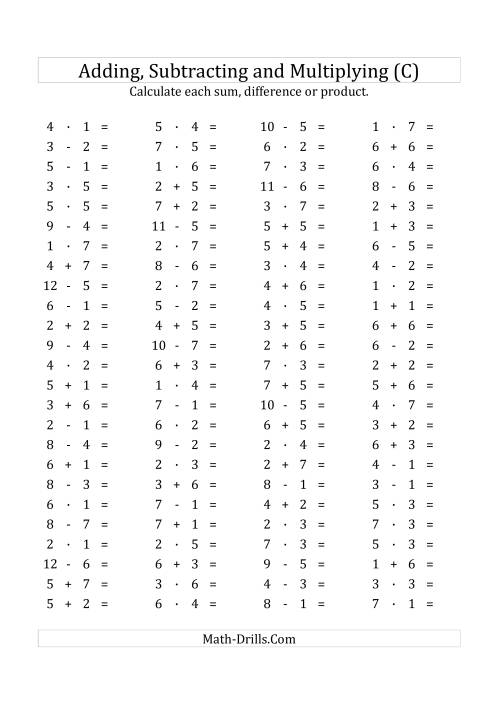 The 100 Horizontal Addition/Subtraction/Multiplication Questions (Facts 1 to 7) Euro Format (C) Math Worksheet