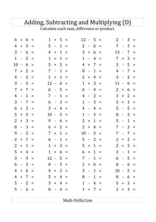 The 100 Horizontal Addition/Subtraction/Multiplication Questions (Facts 1 to 7) Euro Format (D) Math Worksheet