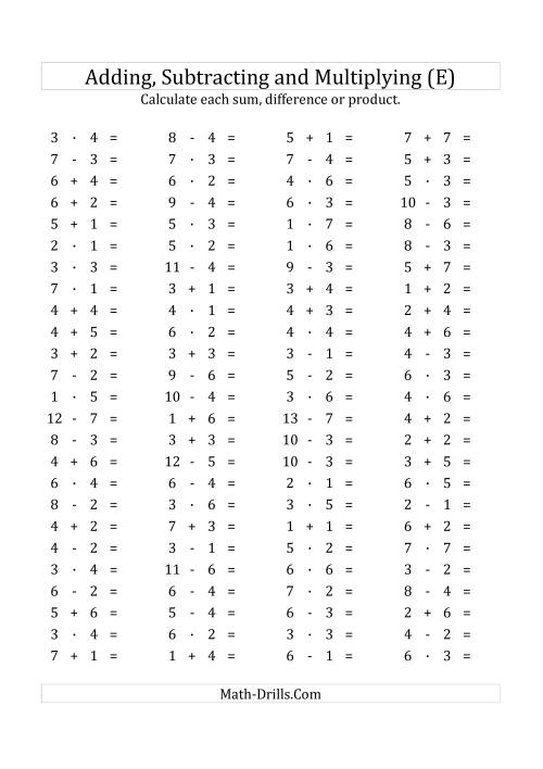 The 100 Horizontal Addition/Subtraction/Multiplication Questions (Facts 1 to 7) Euro Format (E) Math Worksheet