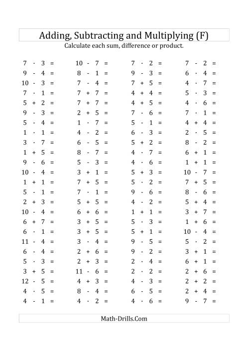 The 100 Horizontal Addition/Subtraction/Multiplication Questions (Facts 1 to 7) Euro Format (F) Math Worksheet
