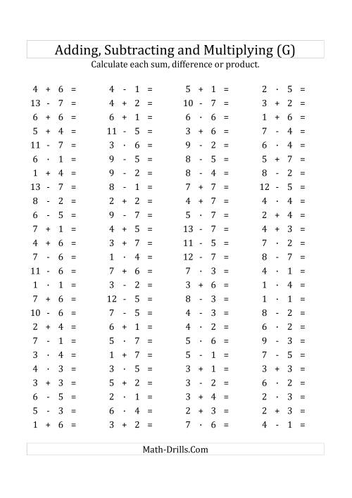 The 100 Horizontal Addition/Subtraction/Multiplication Questions (Facts 1 to 7) Euro Format (G) Math Worksheet