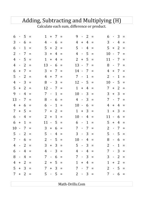 The 100 Horizontal Addition/Subtraction/Multiplication Questions (Facts 1 to 7) Euro Format (H) Math Worksheet