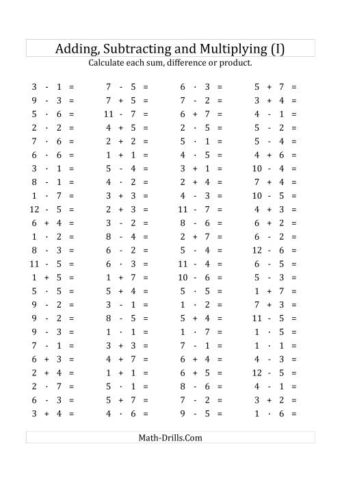 The 100 Horizontal Addition/Subtraction/Multiplication Questions (Facts 1 to 7) Euro Format (I) Math Worksheet