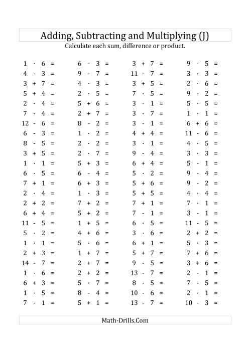 The 100 Horizontal Addition/Subtraction/Multiplication Questions (Facts 1 to 7) Euro Format (J) Math Worksheet