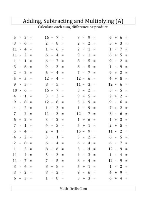 The 100 Horizontal Addition/Subtraction/Multiplication Questions (Facts 1 to 9) Euro Format (A) Math Worksheet
