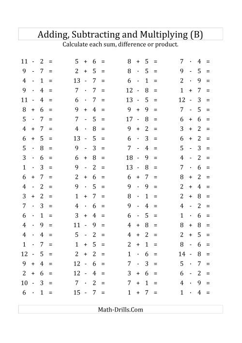 The 100 Horizontal Addition/Subtraction/Multiplication Questions (Facts 1 to 9) Euro Format (B) Math Worksheet