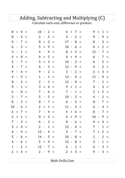 The 100 Horizontal Addition/Subtraction/Multiplication Questions (Facts 1 to 9) Euro Format (C) Math Worksheet