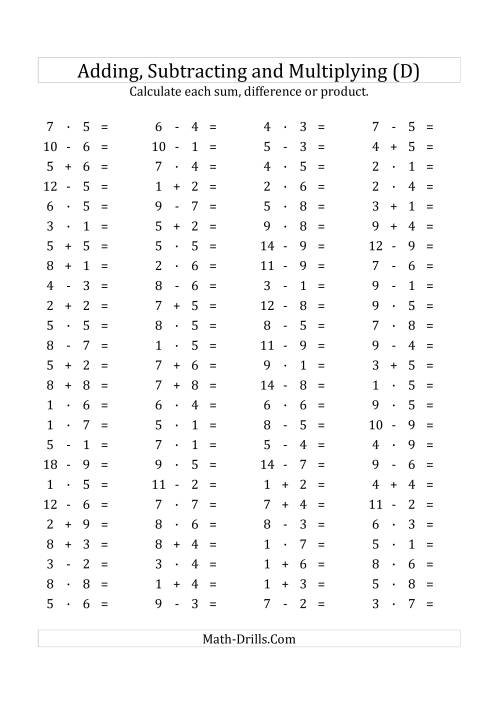 The 100 Horizontal Addition/Subtraction/Multiplication Questions (Facts 1 to 9) Euro Format (D) Math Worksheet