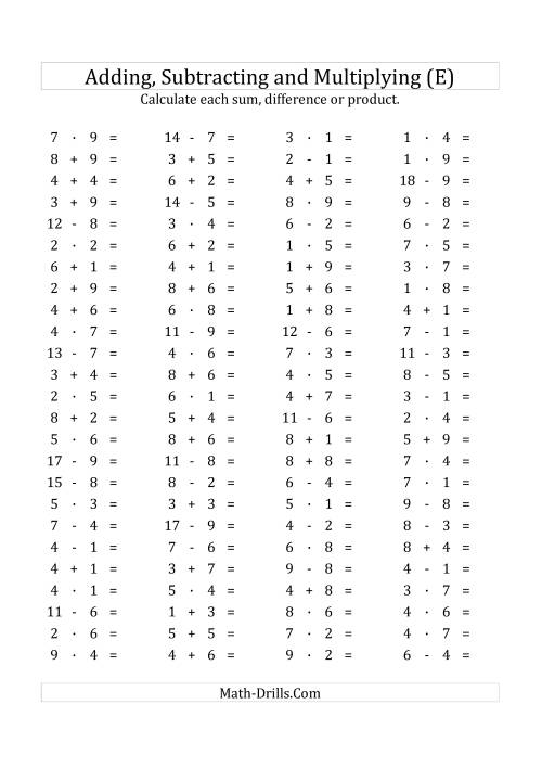 The 100 Horizontal Addition/Subtraction/Multiplication Questions (Facts 1 to 9) Euro Format (E) Math Worksheet