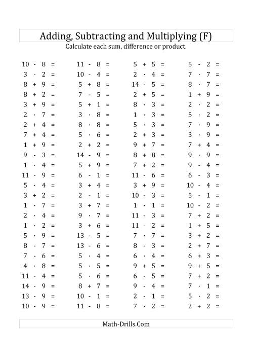 The 100 Horizontal Addition/Subtraction/Multiplication Questions (Facts 1 to 9) Euro Format (F) Math Worksheet