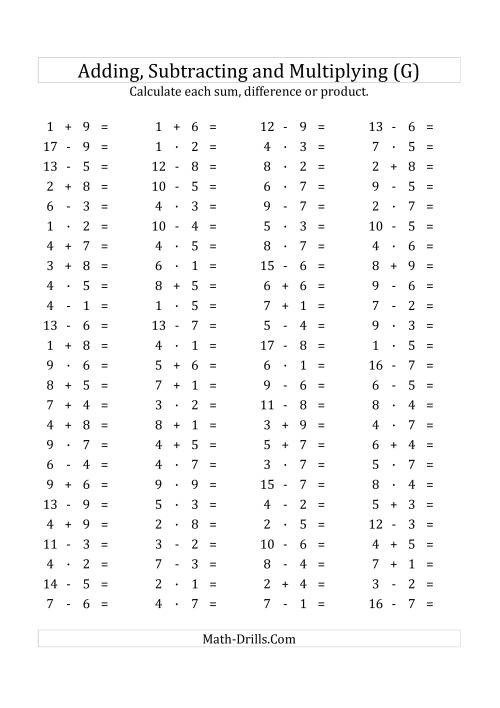 The 100 Horizontal Addition/Subtraction/Multiplication Questions (Facts 1 to 9) Euro Format (G) Math Worksheet