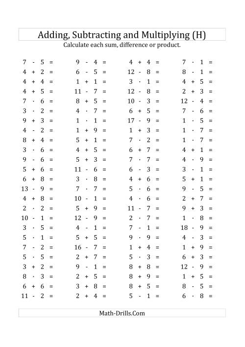 The 100 Horizontal Addition/Subtraction/Multiplication Questions (Facts 1 to 9) Euro Format (H) Math Worksheet