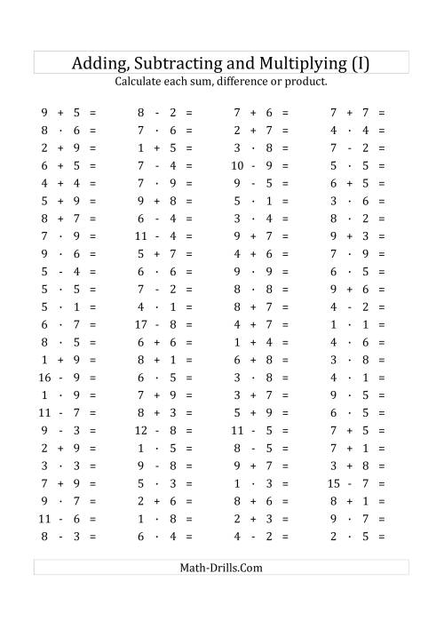 The 100 Horizontal Addition/Subtraction/Multiplication Questions (Facts 1 to 9) Euro Format (I) Math Worksheet