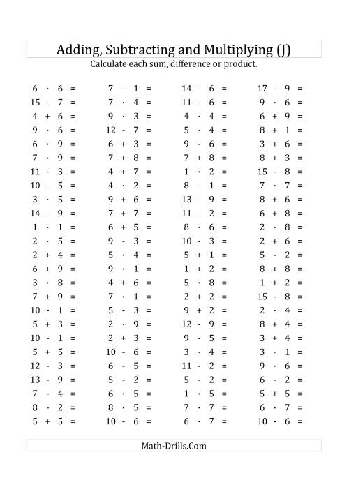 The 100 Horizontal Addition/Subtraction/Multiplication Questions (Facts 1 to 9) Euro Format (J) Math Worksheet
