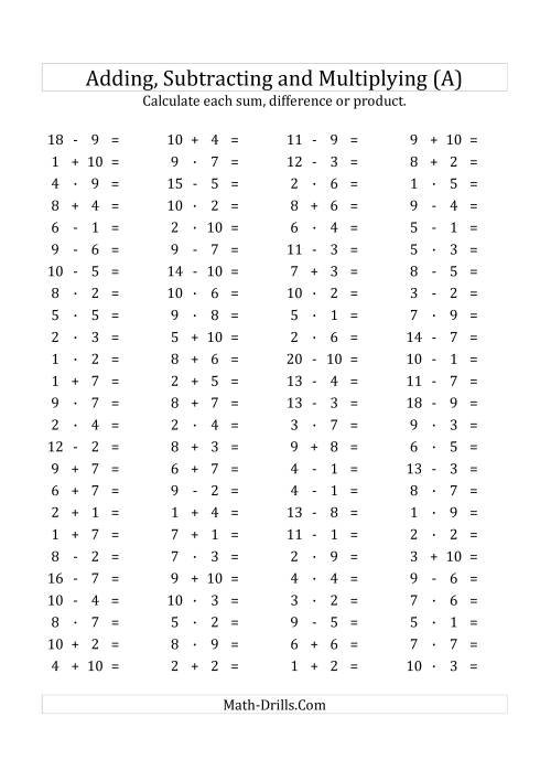 The 100 Horizontal Addition/Subtraction/Multiplication Questions (Facts 1 to 10) Euro Format (A) Math Worksheet