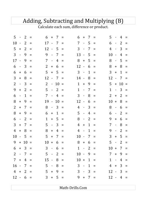 The 100 Horizontal Addition/Subtraction/Multiplication Questions (Facts 1 to 10) Euro Format (B) Math Worksheet