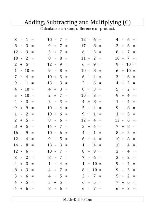 The 100 Horizontal Addition/Subtraction/Multiplication Questions (Facts 1 to 10) Euro Format (C) Math Worksheet