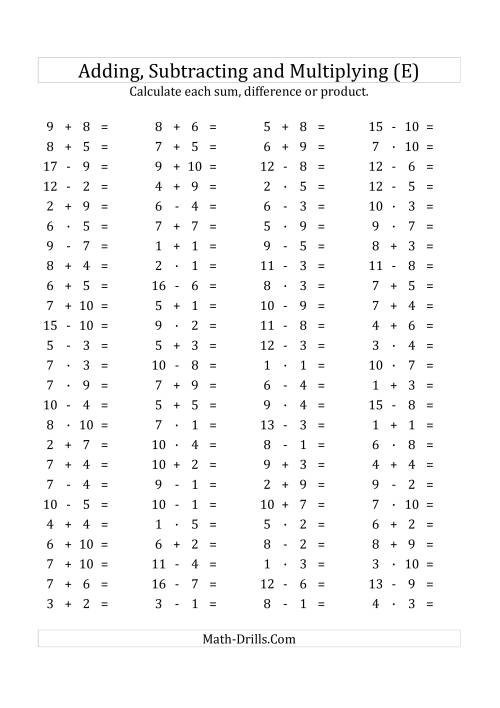 The 100 Horizontal Addition/Subtraction/Multiplication Questions (Facts 1 to 10) Euro Format (E) Math Worksheet