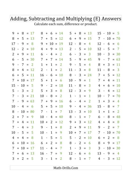 The 100 Horizontal Addition/Subtraction/Multiplication Questions (Facts 1 to 10) Euro Format (E) Math Worksheet Page 2