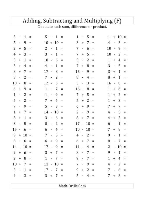 The 100 Horizontal Addition/Subtraction/Multiplication Questions (Facts 1 to 10) Euro Format (F) Math Worksheet